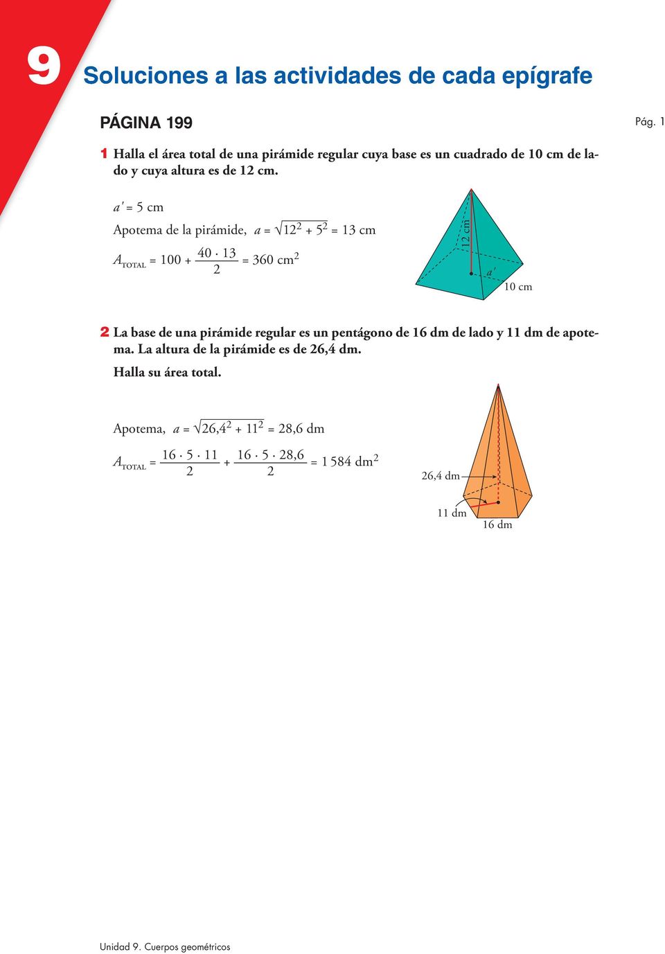 a' = 5 cm Apotema de la pirámide, a = 1 + 5 = 13 cm A TOTAL = 100 + 40 13 = 360 cm 1 cm a' 10 cm La base de una pirámide