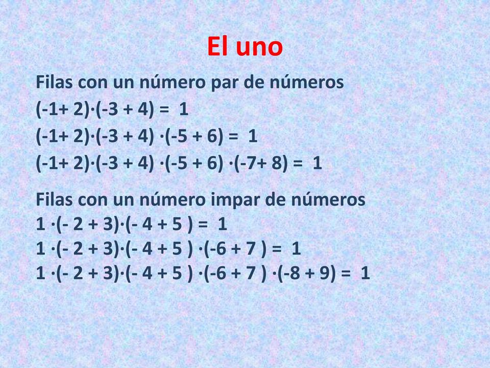 con un número impar de números 1 (- 2 + 3) (- 4 + 5 ) = 1 1 (- 2 + 3)