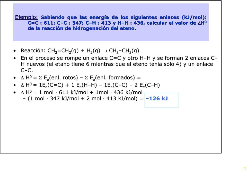 Reacción: CH 2 =CH 2 (g) + H 2 (g) CH 3 CH 3 (g) En el proceso se rompe un enlace C=C y otro H H H H y se forman 2 enlaces C C H nuevos (el etano tiene