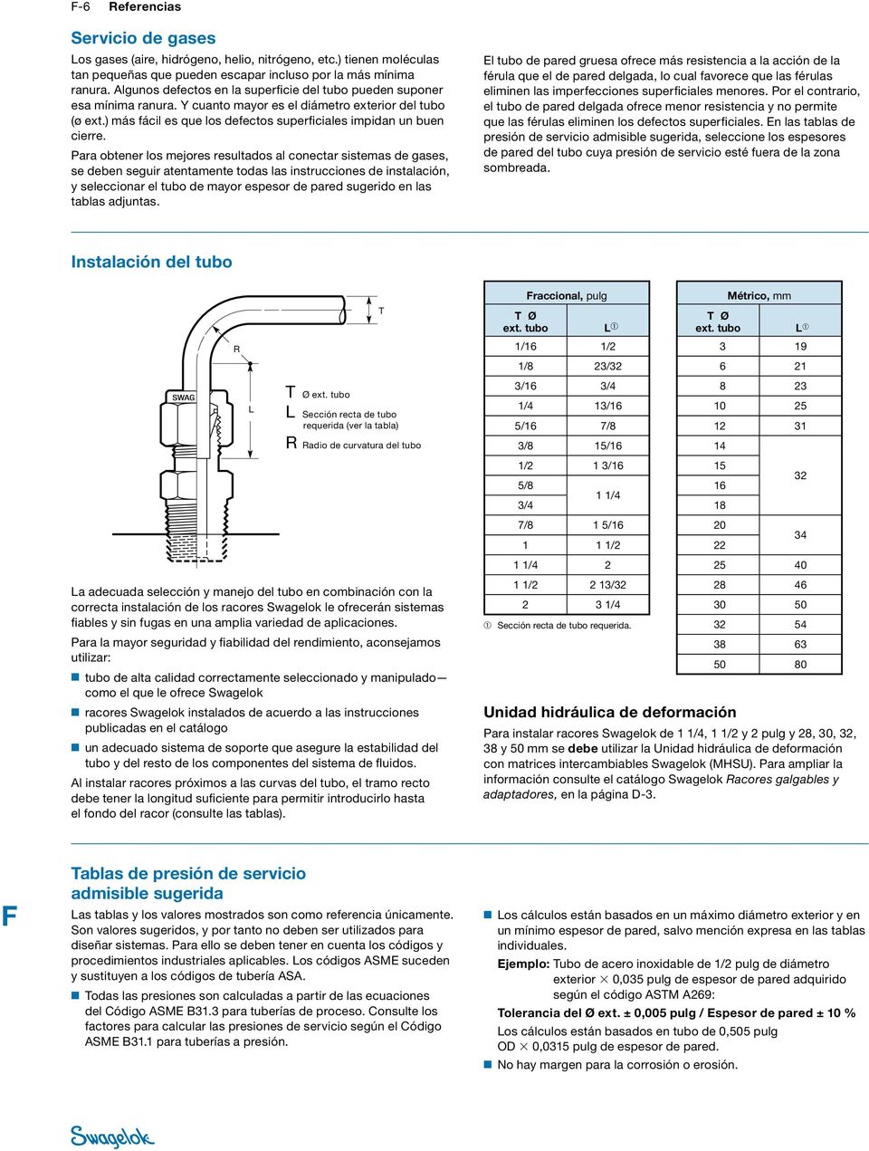 Para obtener los mejores resultados al conectar sistemas de gases, se deben seguir atentamente todas las instrucciones de instalación, y seleccionar el tubo de mayor espesor de pared sugerido en las