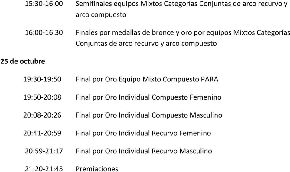 Mixto Compuesto PARA 19:50-20:08 Final por Oro Individual Compuesto Femenino 20:08-20:26 Final por Oro Individual Compuesto
