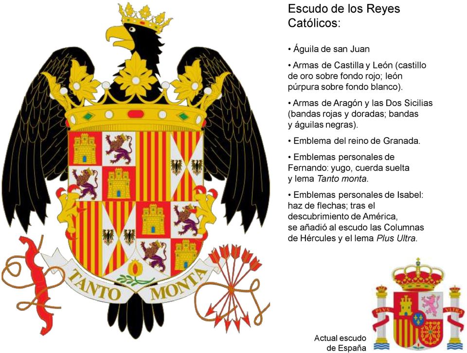 Emblema del reino de Granada. Emblemas personales de Fernando: yugo, cuerda suelta y lema Tanto monta.