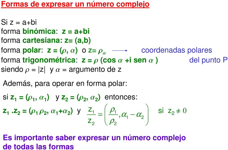 rgumento de z Además, pr operr en form polr: si z 1 = (r 1, 1 ) y z 2 = (r 2, 2 ) entonces: z 1.