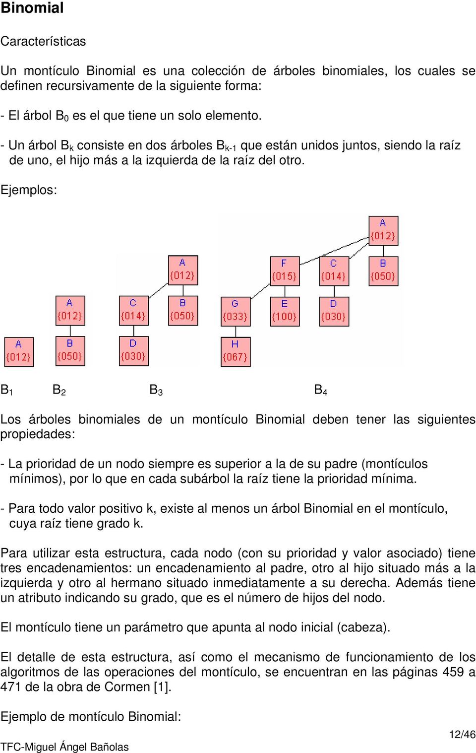 Ejemplos: B 1 B 2 B 3 B 4 Los árboles binomiales de un montículo Binomial deben tener las siguientes propiedades: - La prioridad de un nodo siempre es superior a la de su padre (montículos mínimos),