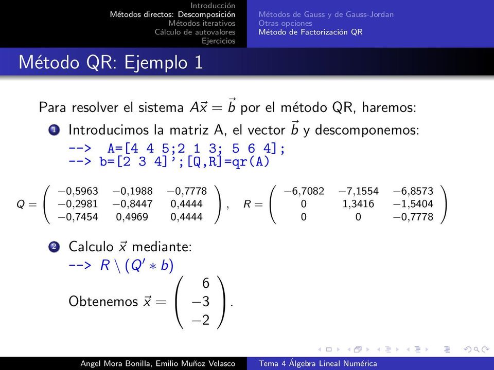 --> A=[4 4 5;2 1 3; 5 6 4]; --> b=[2 3 4] ;[Q,R]=qr(A) 0,5963 0,1988 0,7778 0,2981 0,8447 0,4444 0,7454 0,4969