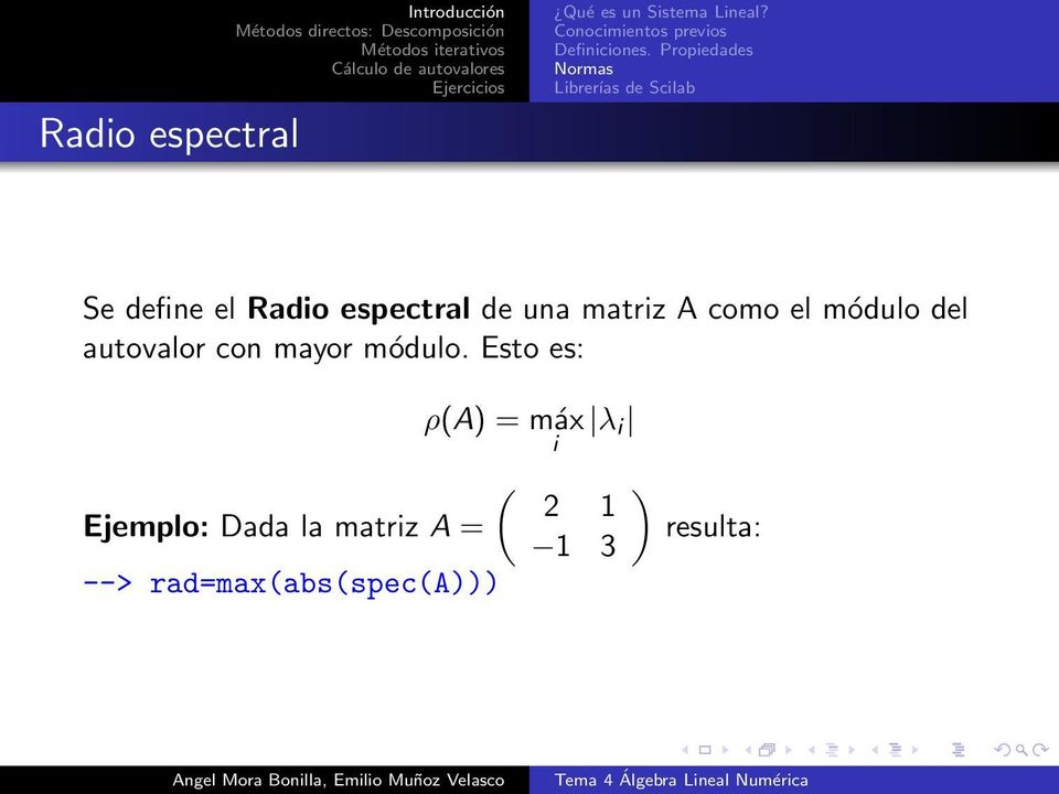 Propiedades Normas Librerías de Scilab Se define el Radio espectral de una