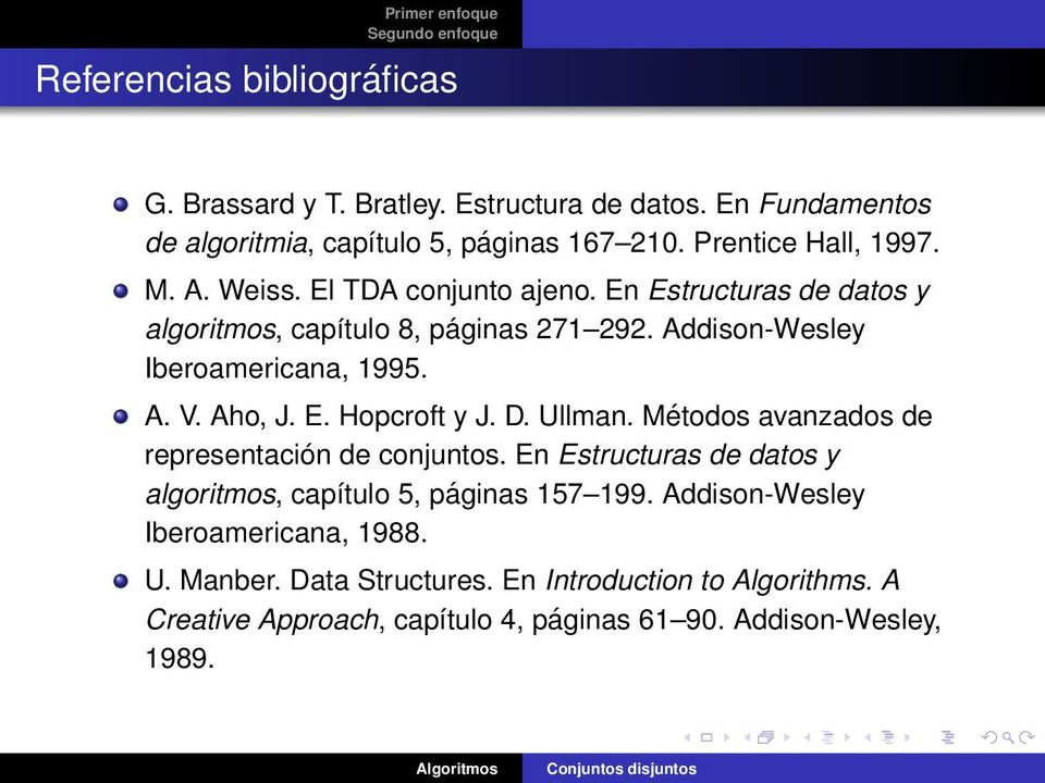 E. Hopcroft y J. D. Ullman. Métodos avanzados de representación de conjuntos. En Estructuras de datos y algoritmos, capítulo 5, páginas 157 199.