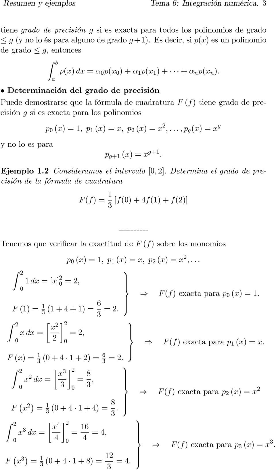 Determinción del grdo de precisión Puede demostrrse que l fórmul de cudrtur F (f) tiene grdo de precisión g si es exct pr los polinomios p (x) =,p (x) =x, p (x) =x,.