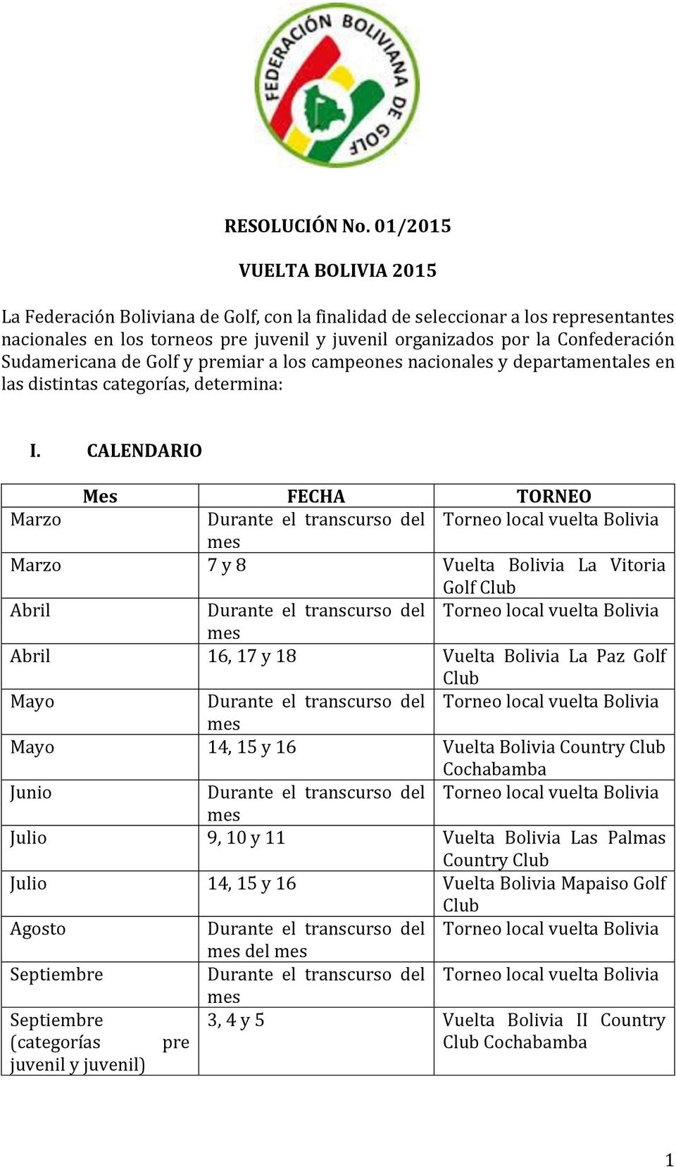 Confederación Sudamericana de Golf y premiar a los campeones nacionales y departamentales en las distintas categorías, determina: I.