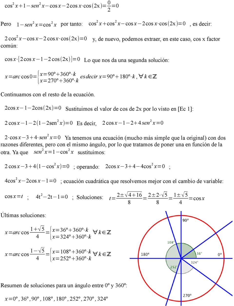 2cos x 1 2cos2x=0 Sustituimos el valor de cos de 2x por lo visto en [Ec 1]: 2 cos x 1 21 2sen 2 x=0 Es decir, 2 cos x 1 24 sen 2 x=0 2 cos x 34 sen 2 x=0 Ya tenemos una ecuación (mucho más simple que
