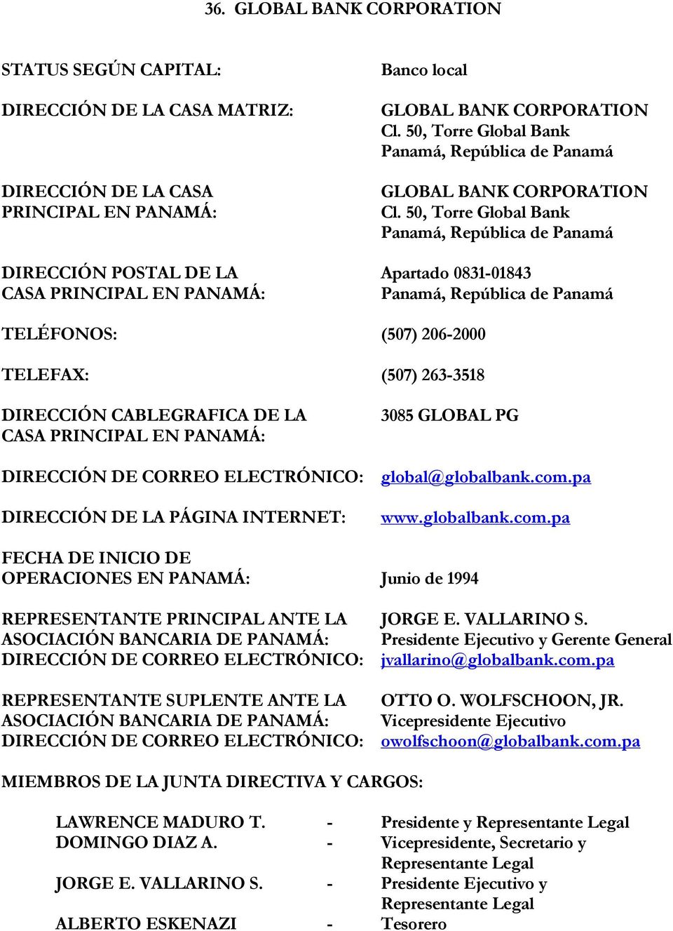 50, Torre Global Bank Panamá, República de Panamá DIRECCIÓN POSTAL DE LA Apartado 0831-01843 CASA PRINCIPAL EN PANAMÁ: Panamá, República de Panamá TELÉFONOS: (507) 206-2000 TELEFAX: (507) 263-3518