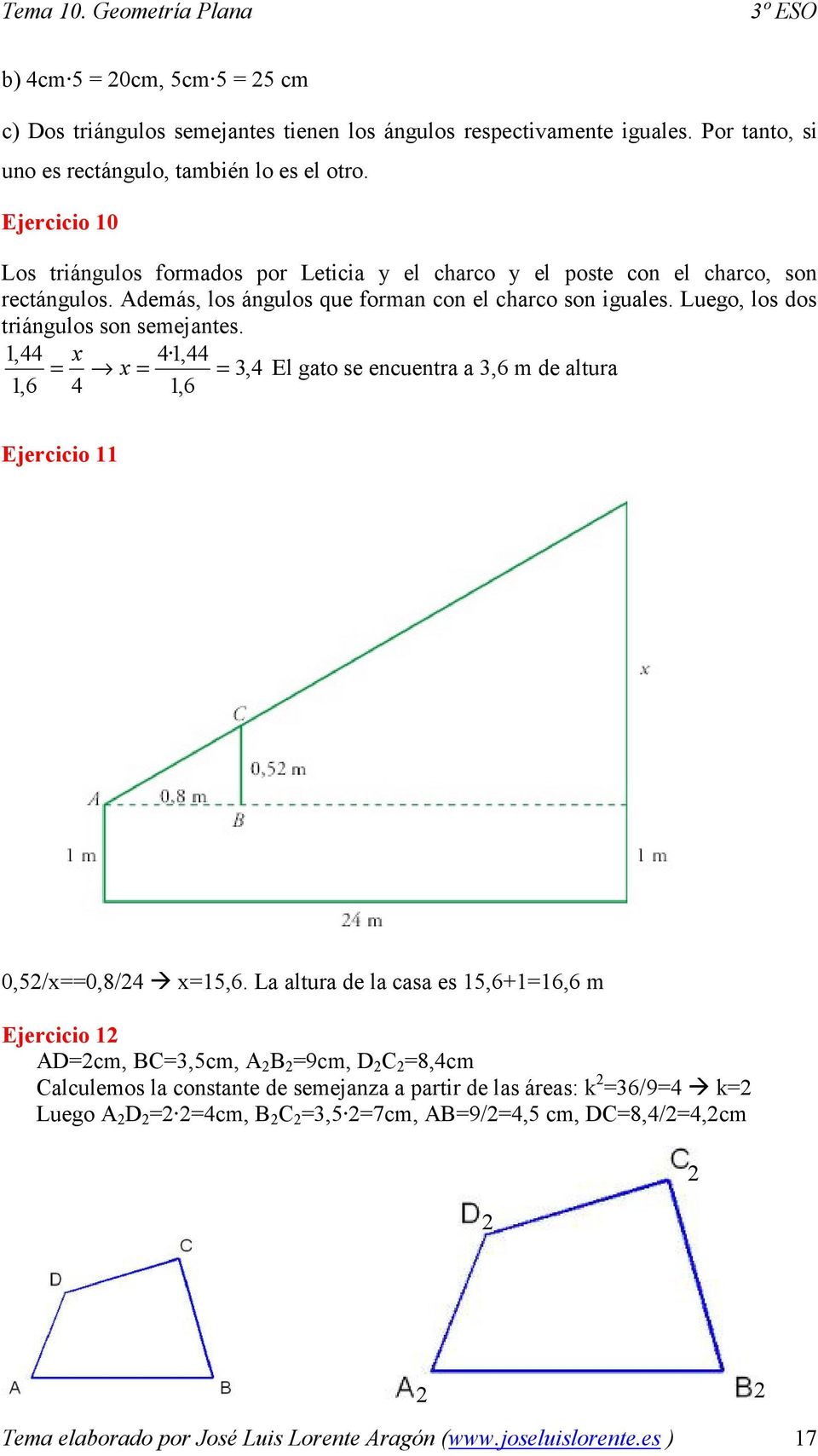 Luego, los dos triángulos son semejantes. 1,44 x 4 1,44 = x = = 3,4 El gato se encuentra a 3,6 m de altura 1,6 4 1,6 Ejercicio 11 0,52/x==0,8/24 x=15,6.
