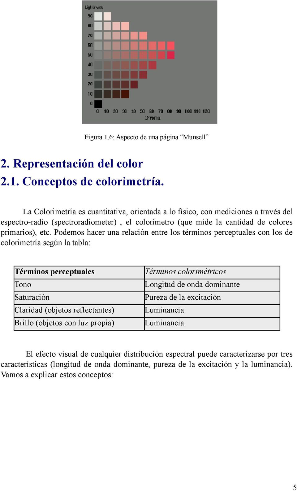 Podemos hacer una relación entre los términos perceptuales con los de colorimetría según la tabla: Términos perceptuales Tono Saturación Claridad (objetos reflectantes) Brillo (objetos con luz