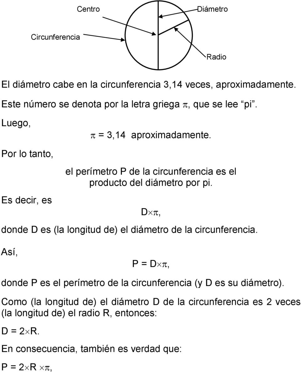 Por lo tanto, Es decir, es el perímetro P de la circunferencia es el producto del diámetro por pi.