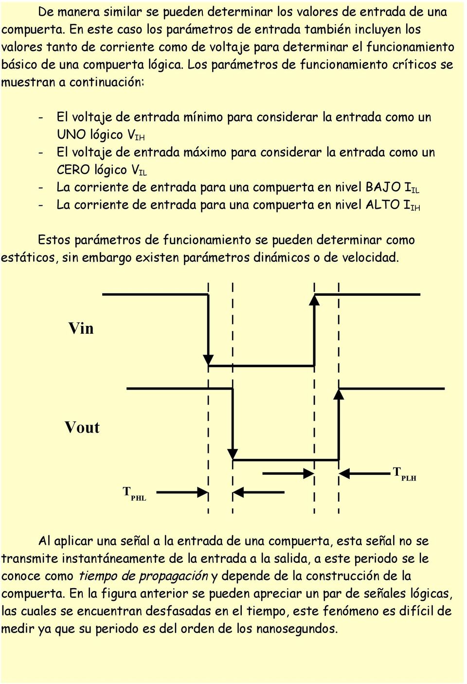 Los parámetros de funcionamiento críticos se muestran a continuación: - El voltaje de entrada mínimo para considerar la entrada como un UNO lógico V IH - El voltaje de entrada máximo para considerar