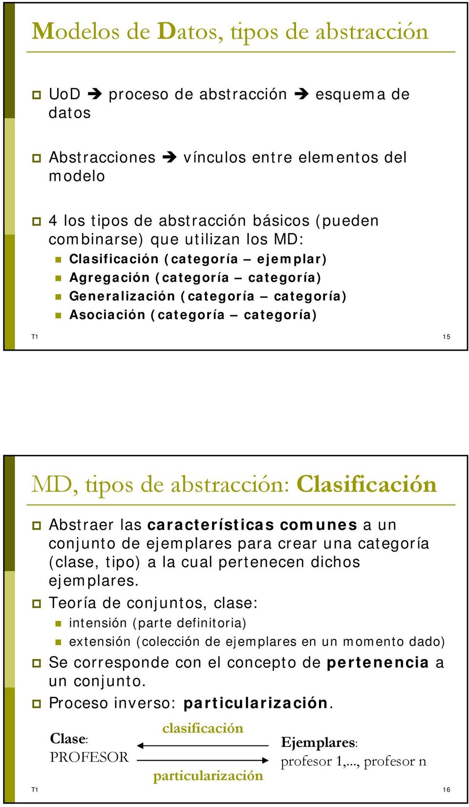 Clasificación Abstraer las características comunes a un conjunto de ejemplares para crear una categoría (clase, tipo) a la cual pertenecen dichos ejemplares.
