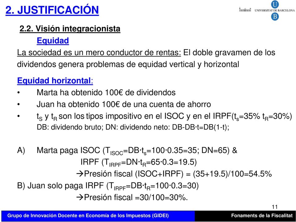 el ISOC y en el IRPF(t s =35% t R =30%) DB: dividendo bruto; DN: dividendo neto: DB-DB t=db(1-t); A) Marta paga ISOC (T ISOC =DB t s =100 0.