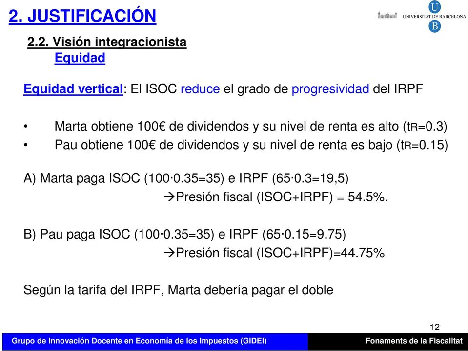 3) Pau obtiene 100 de dividendos y su nivel de renta es bajo (tr=0.15) A) Marta paga ISOC (100 0.35=35) e IRPF (65 0.