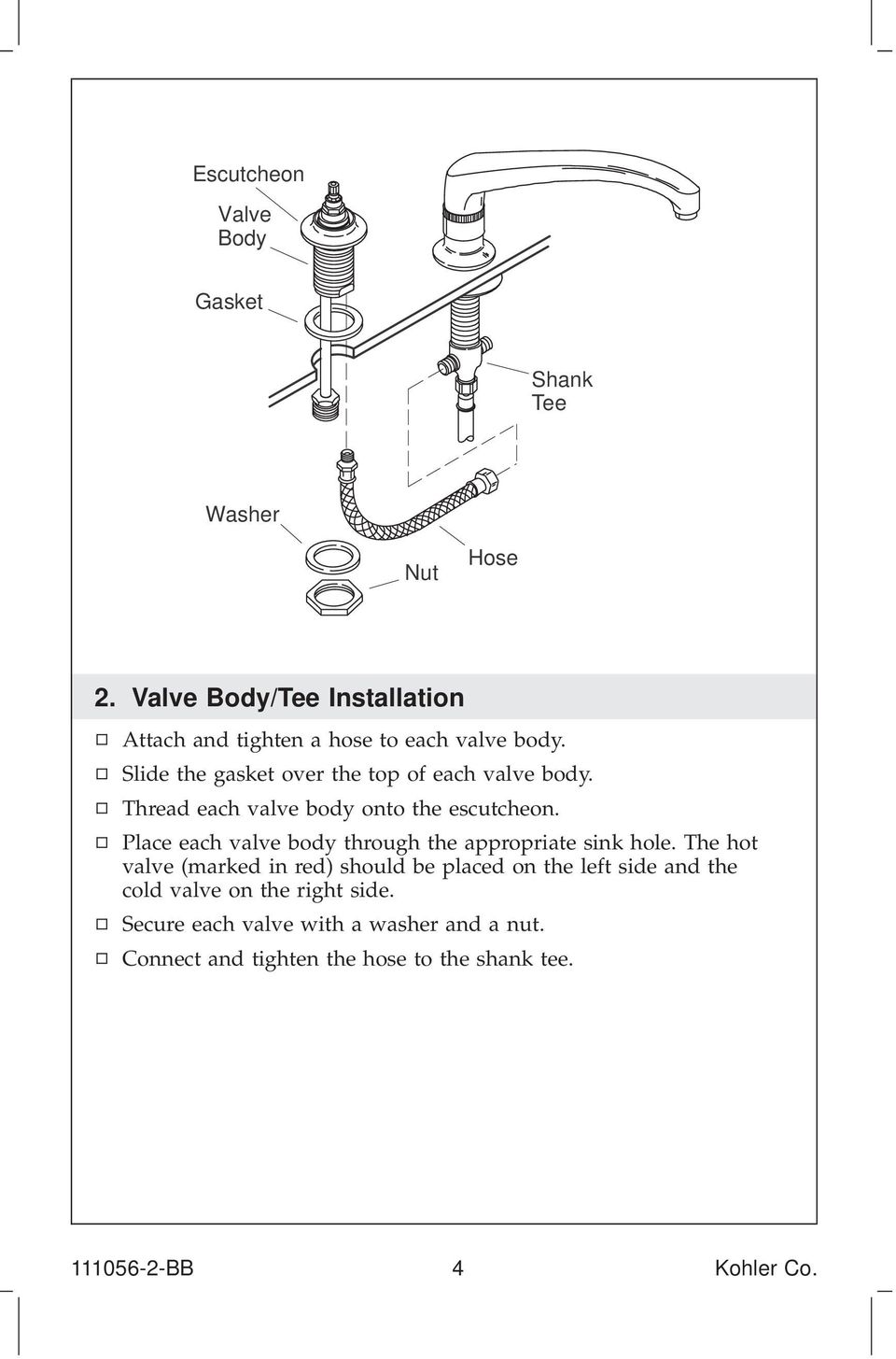 Thread each valve body onto the escutcheon. Place each valve body through the appropriate sink hole.