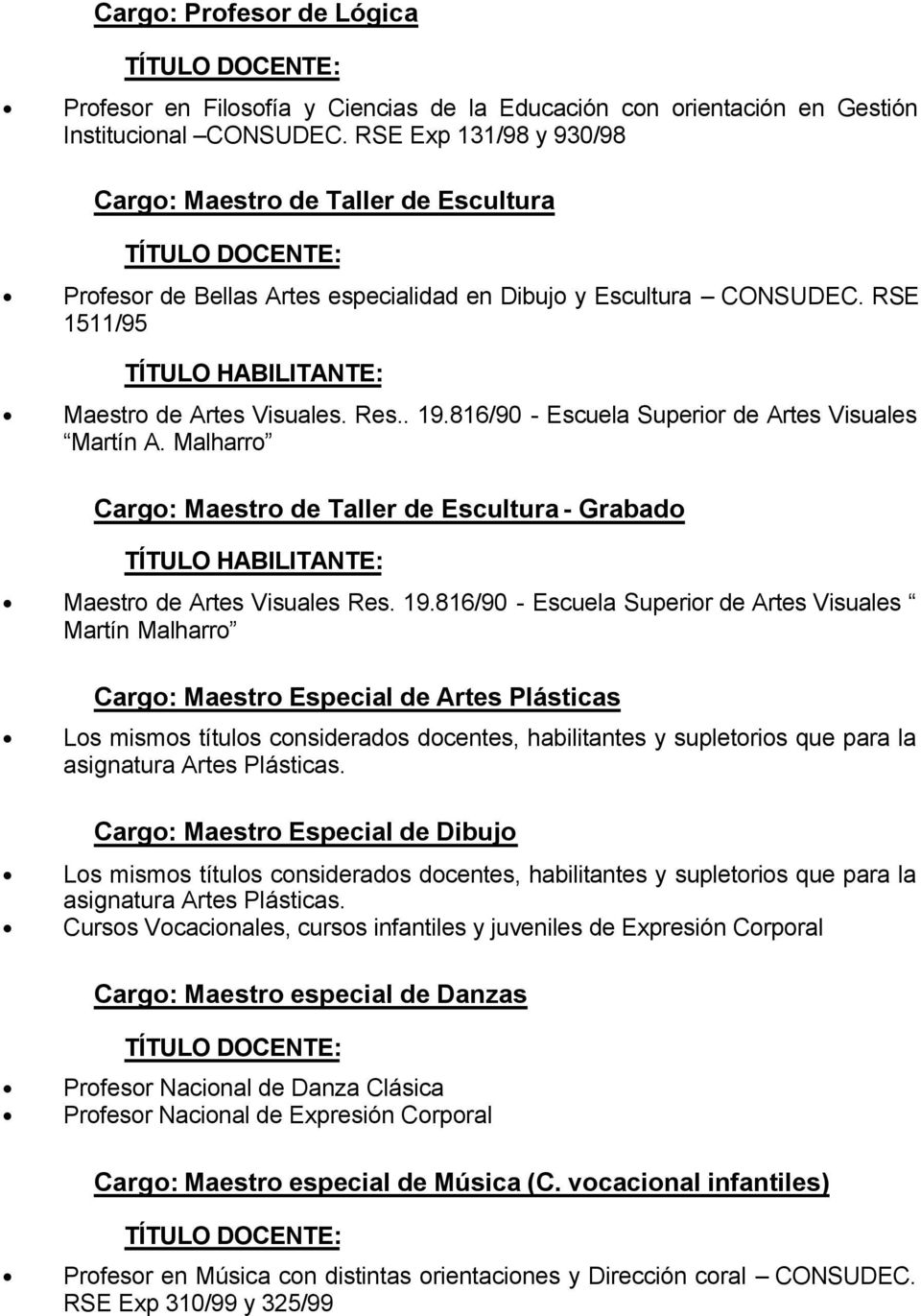 816/90 - Escuela Superior de Artes Visuales Martín A. Malharro Cargo: Maestro de Taller de Escultura - Grabado Maestro de Artes Visuales Res. 19.