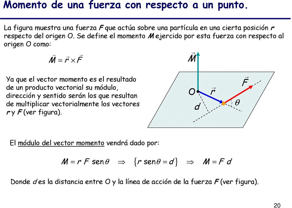 Se define el momento M ejercido por esta fuerza con respecto al origen O como: M M = r F Ya que el vector momento es el resultado de un producto