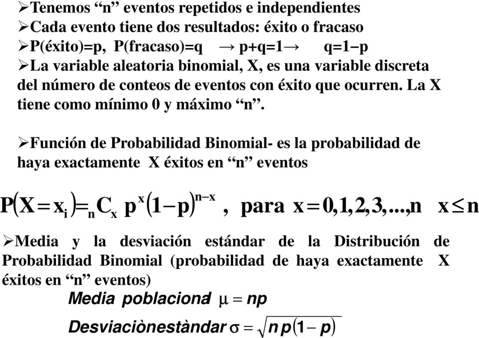 Función de robabilidad inomial- es la probabilidad de haya eactamente X éitos en n eventos ( ) ( ) n C p p, para 0,,,,.