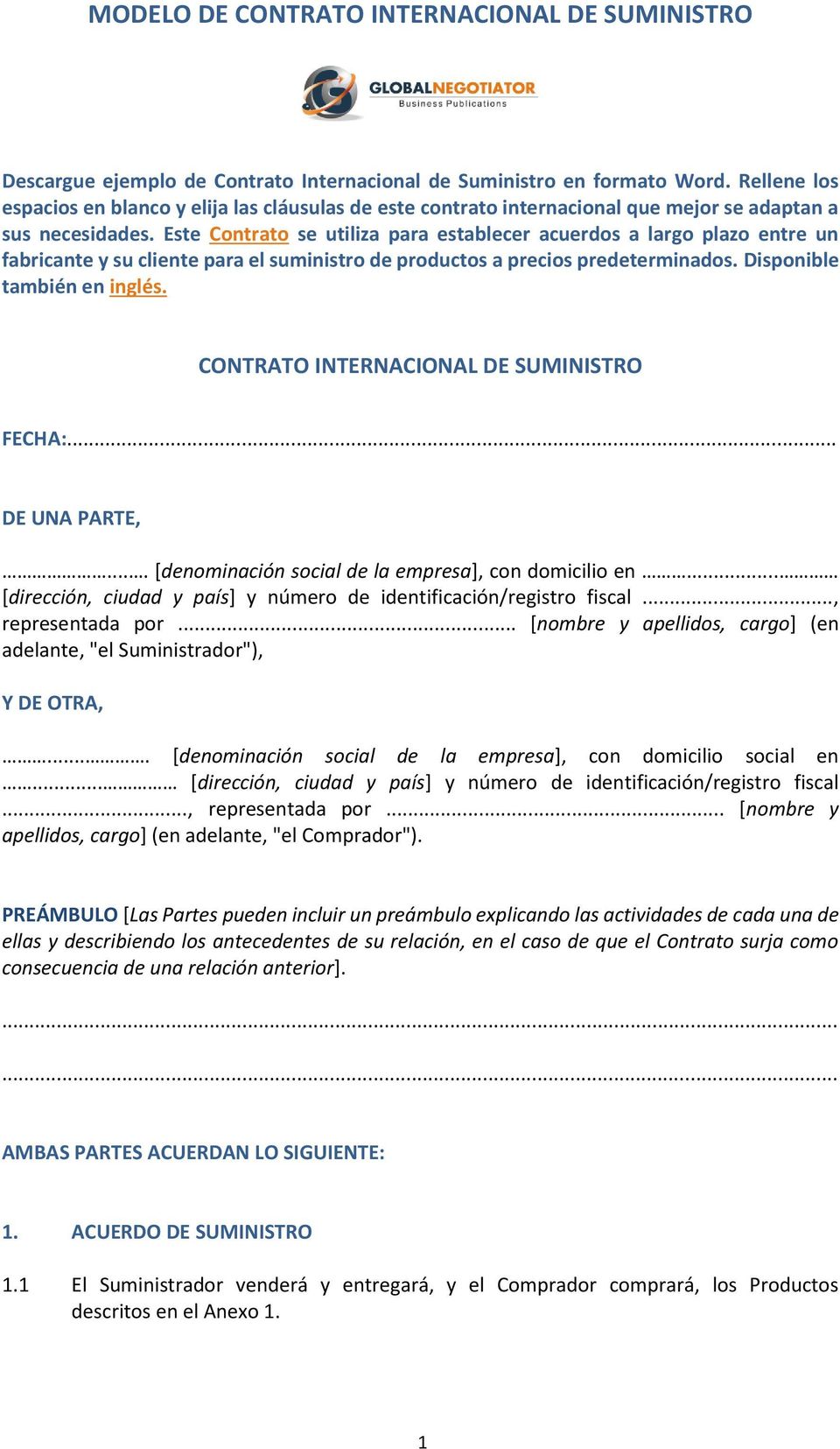 MODELO DE CONTRATO INTERNACIONAL DE SUMINISTRO - PDF Descargar libre