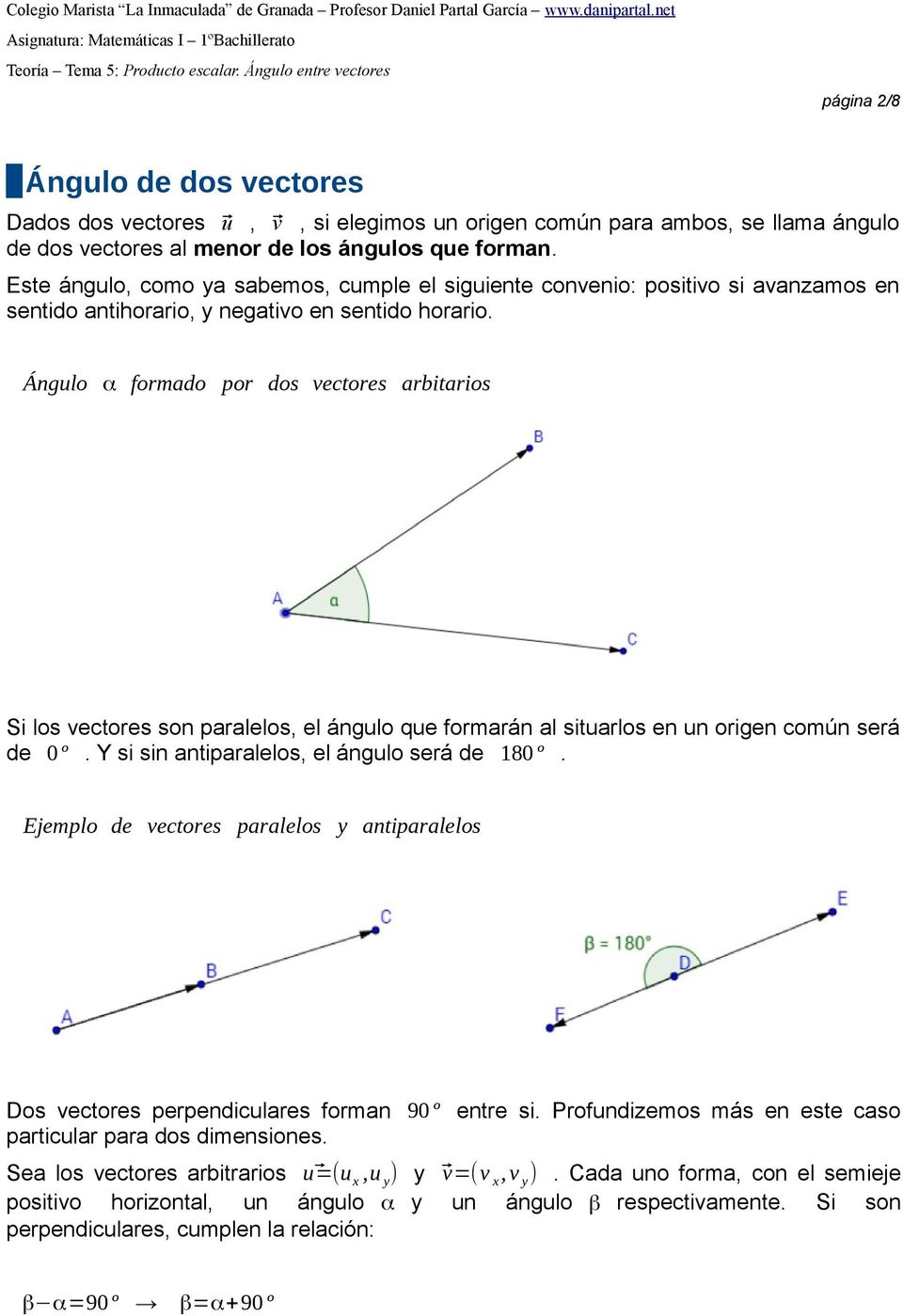 Ángulo α formado por dos vectores arbitarios Si los vectores son paralelos, el ángulo que formarán al situarlos en un origen común será de 0 º. Y si sin antiparalelos, el ángulo será de 180 º.