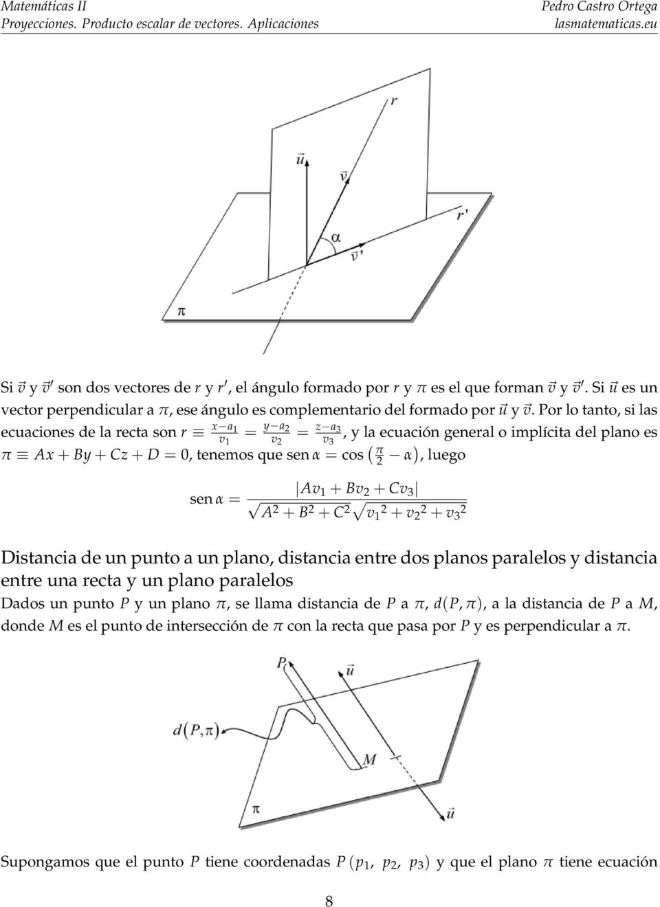 sen α = Av 1 + Bv 2 + Cv 3 A2 + B 2 + C 2 v 12 + v 22 + v 3 2 Distancia de un punto a un plano, distancia entre dos planos paralelos y distancia entre una recta y un plano paralelos Dados un punto P