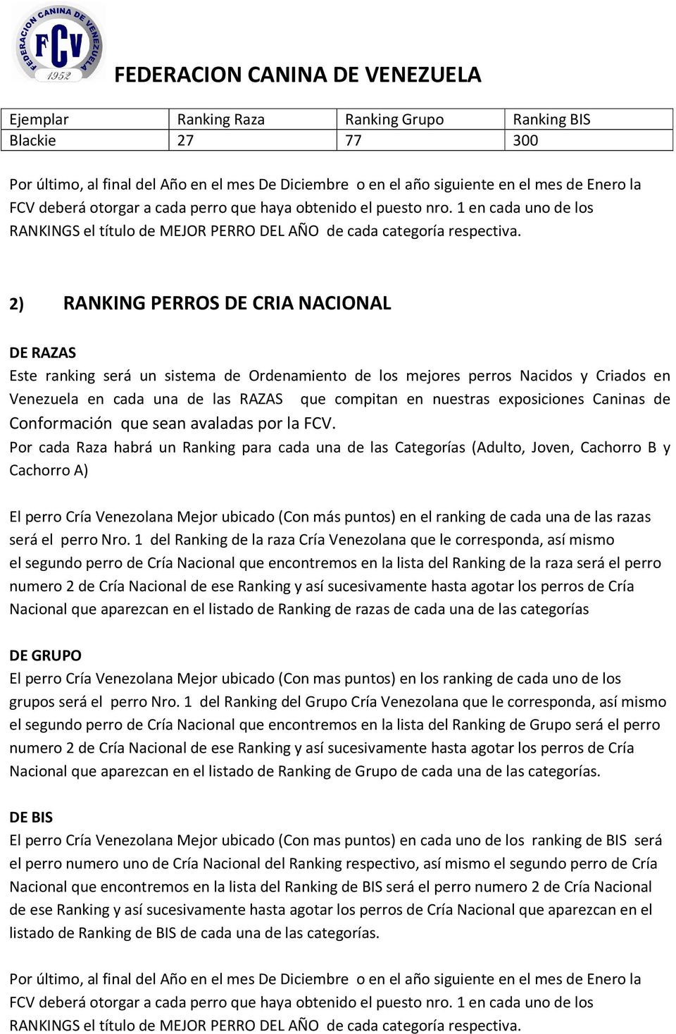 2) RANKING PERROS DE CRIA NACIONAL DE RAZAS Este ranking será un sistema de Ordenamiento de los mejores perros Nacidos y Criados en Venezuela en cada una de las RAZAS que compitan en nuestras