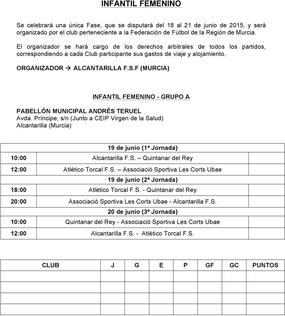 F (MURCIA) INFANTIL FEMENINO - GRUPO A PABELLÓN MUNICIPAL ANDRÉS TERUEL Avda. Príncipe, s/n (Junto a CEIP Virgen de la Salud) Alcantarilla (Murcia) 19 de junio (1ª Jornada) 10:00 Alcantarilla F.S. Quintanar del Rey 12:00 Atlético Torcal F.