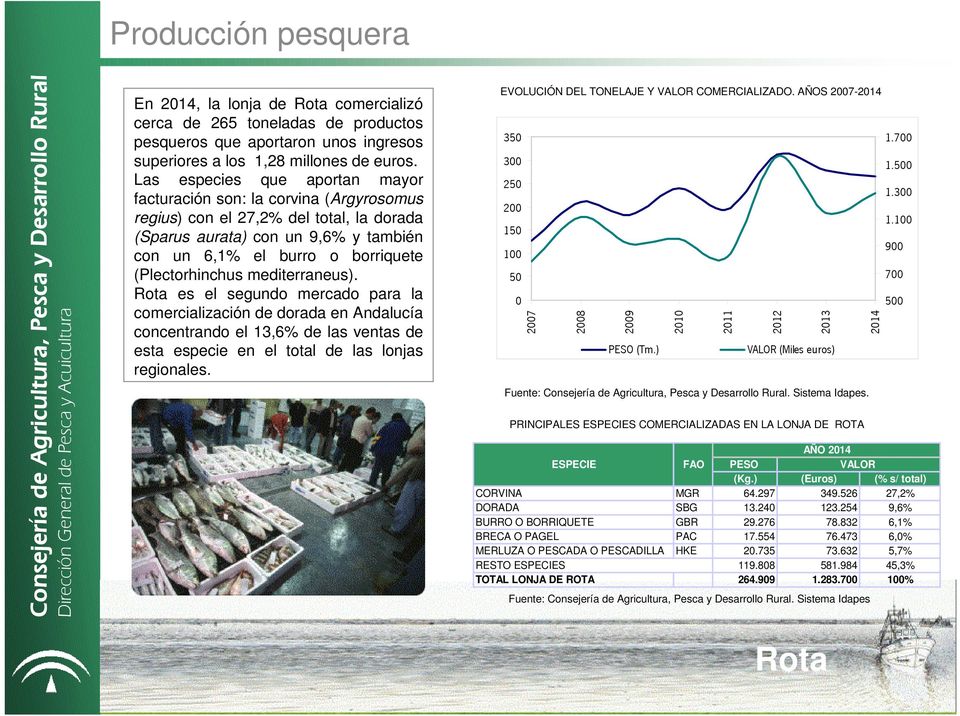 (Plectorhinchus mediterraneus). es el segundo mercado para la comercialización de dorada en Andalucía concentrando el 13,6% de las ventas de esta especie en el total de las lonjas regionales.