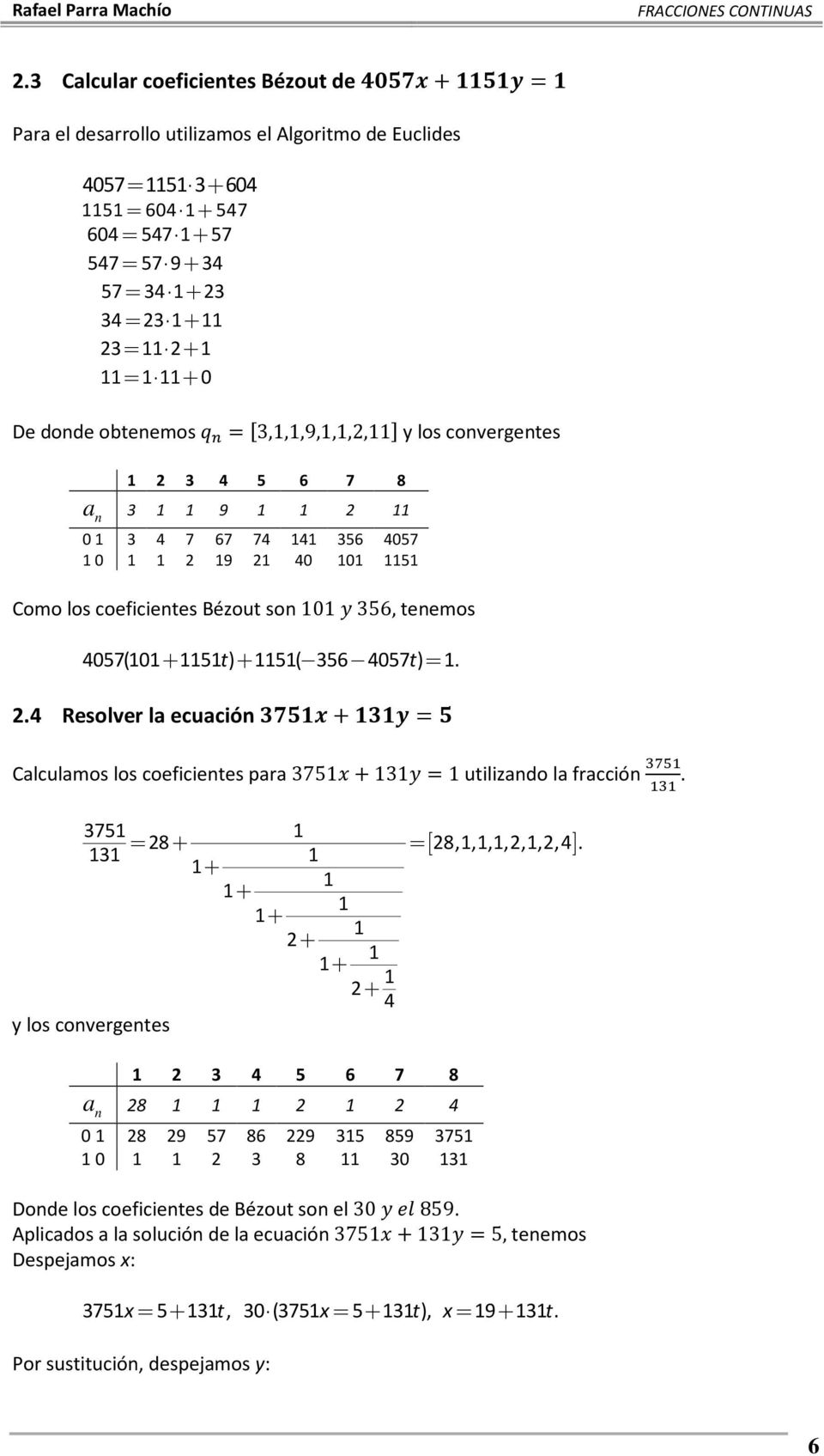 .4 Resolver la ecuació + Calculamos los coeficietes para 75 + utilizado la fracció. 75 8+ [ 8,,,,,,,4 ].