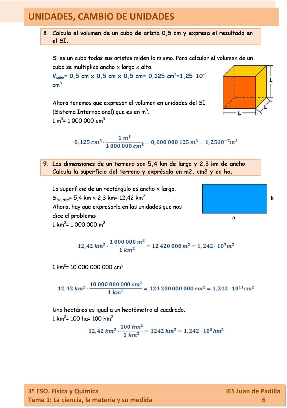 V cubo = 0,5 cm x 0,5 cm x 0,5 cm= 0,125 cm 3 =1,25 10-1 cm 3 Ahora tenemos que expresar el volumen en unidades del SI (Sistema Internacional) que es en m 3. 1 m 3 = 1 000 000 cm 3 9.
