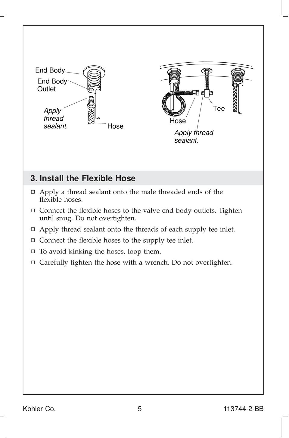 Connect the flexible hoses to the valve end body outlets. Tighten until snug. Do not overtighten.