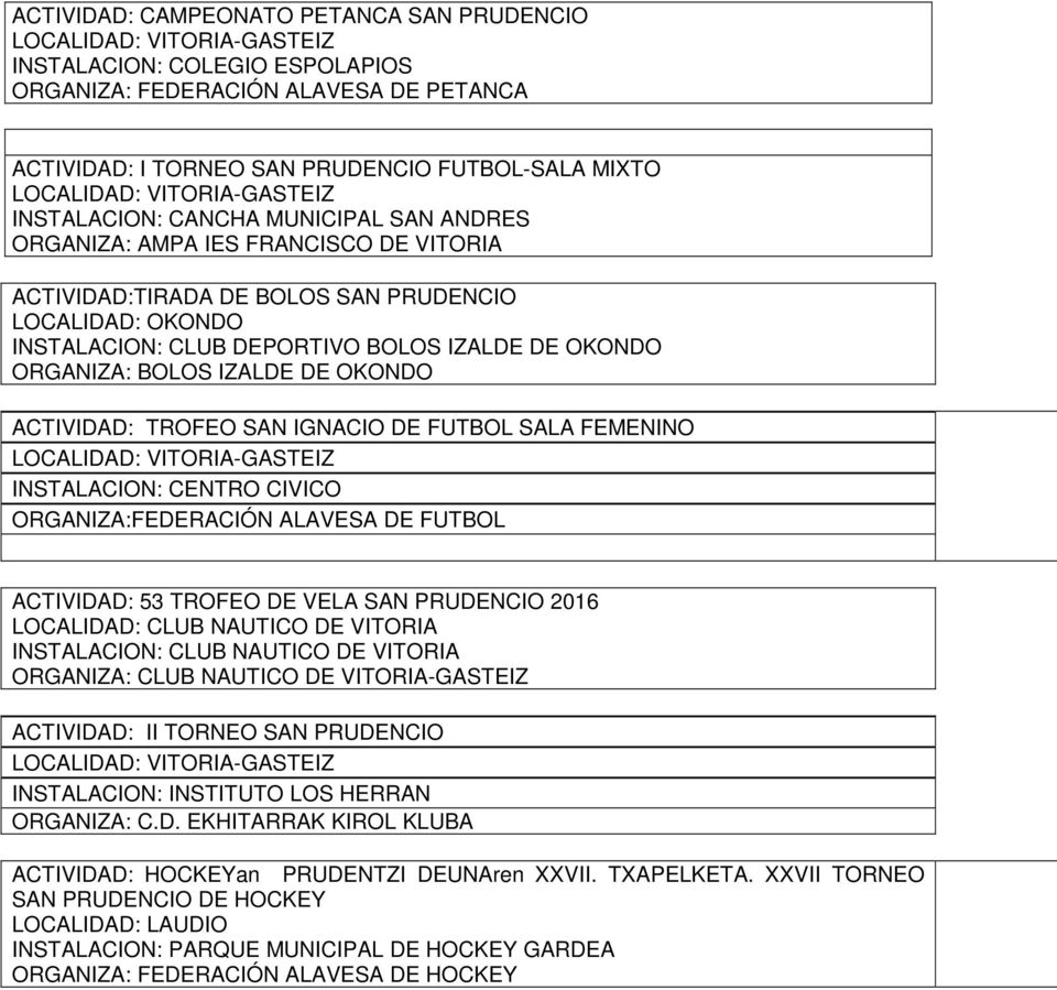ACTIVIDAD: TROFEO SAN IGNACIO DE FUTBOL SALA FEMENINO INSTALACION: CENTRO CIVICO ORGANIZA:FEDERACIÓN ALAVESA DE FUTBOL ACTIVIDAD: 53 TROFEO DE VELA SAN PRUDENCIO 2016 LOCALIDAD: CLUB NAUTICO DE
