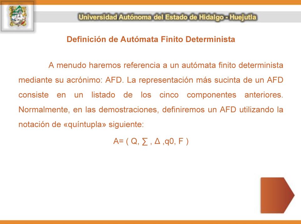 La representación más sucinta de un AFD consiste en un listado de los cinco componentes