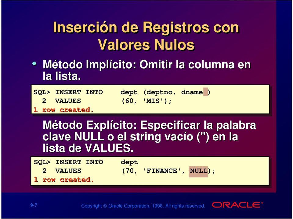 Método Explícito: Especificar la palabra clave NULL o el string vacío o ('') en la lista de VALUES.