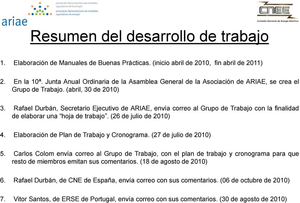 Rafael Durbán, Secretario Ejecutivo de ARIAE, envía correo al Grupo de Trabajo con la finalidad de elaborar una hoja de trabajo. (26 de julio de 2010) 4. Elaboración de Plan de Trabajo y Cronograma.