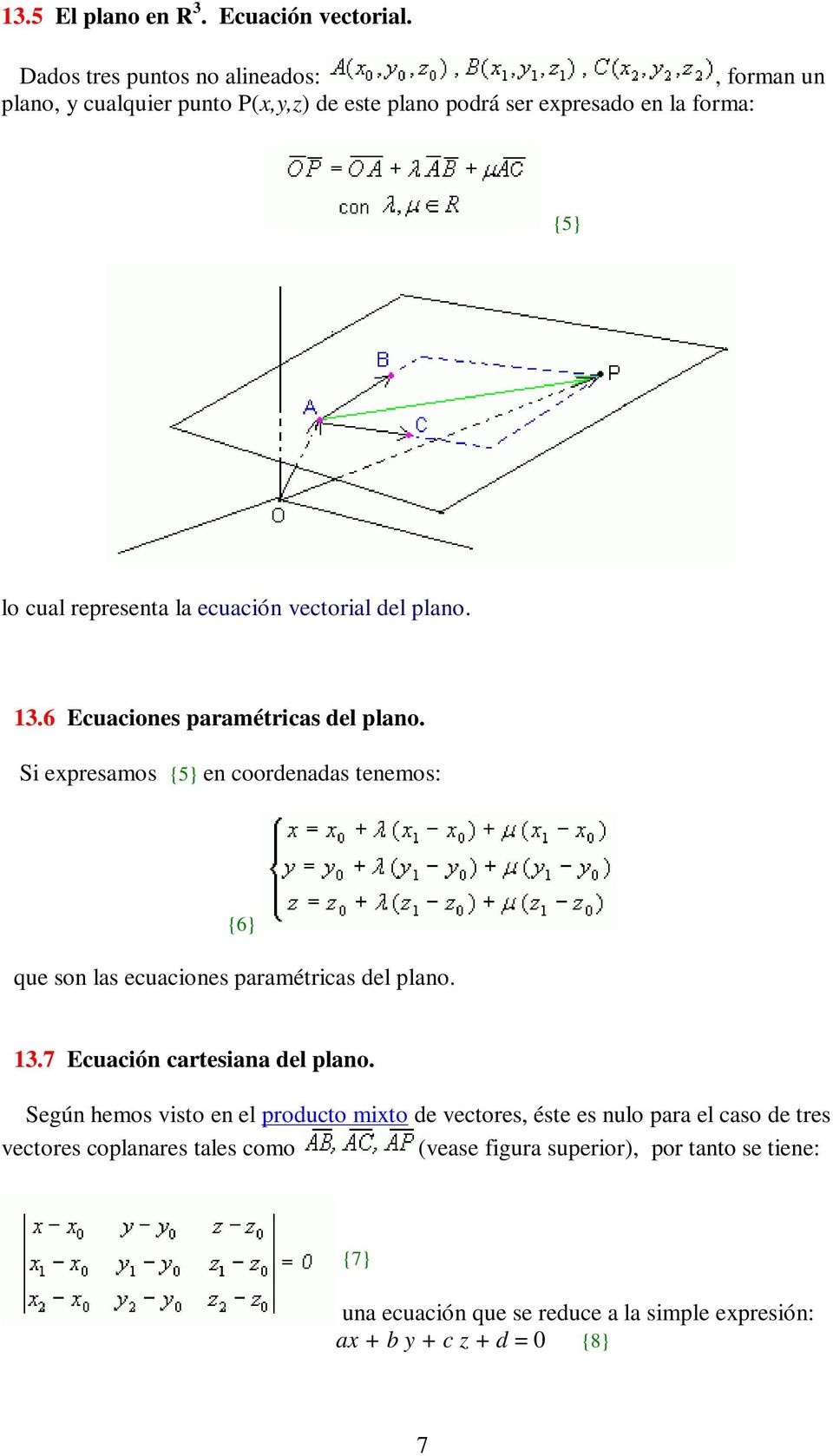 vectorial del plano. 13.6 Ecuaciones paramétricas del plano. Si expresamos {5} en coordenadas tenemos: {6} que son las ecuaciones paramétricas del plano. 13.7 Ecuación cartesiana del plano.