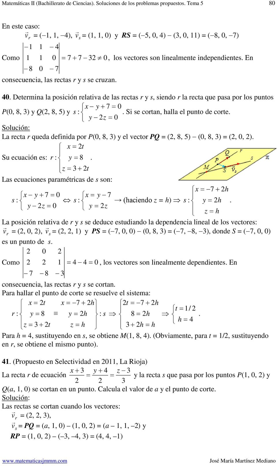definida po P(,, ) el veco PQ (,, ) (,, ) (,, ) Su ecuación es Las ecuaciones paaméicas de s son s s (aciendo ) s La posición elaiva de s se deduce esudiando la dependencia lineal de los vecoes v (,,