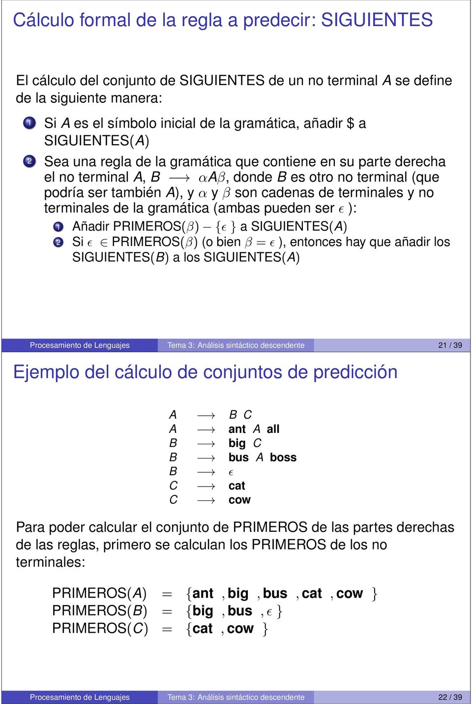 terminales de la gramática (ambas pueden ser ɛ ): 1 Añadir PRIMEROS(β) {ɛ } a SIGUIENTES(A) 2 Si ɛ PRIMEROS(β) (o bien β = ɛ ), entonces hay que añadir los SIGUIENTES(B) a los SIGUIENTES(A)