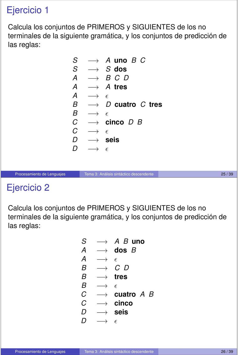 descendente 25 / 39 Ejercicio 2 Calcula los conjuntos de PRIMEROS y SIGUIENTES de los no terminales de la siguiente gramática, y los conjuntos de