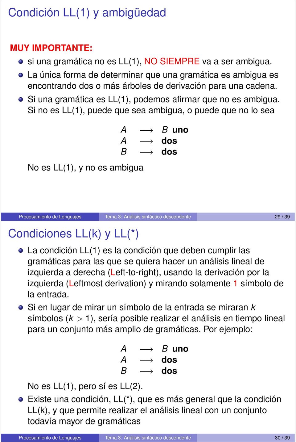 Si no es LL(1), puede que sea ambigua, o puede que no lo sea No es LL(1), y no es ambigua A B uno A dos B dos Procesamiento de Lenguajes Tema 3: Análisis sintáctico descendente 29 / 39 Condiciones