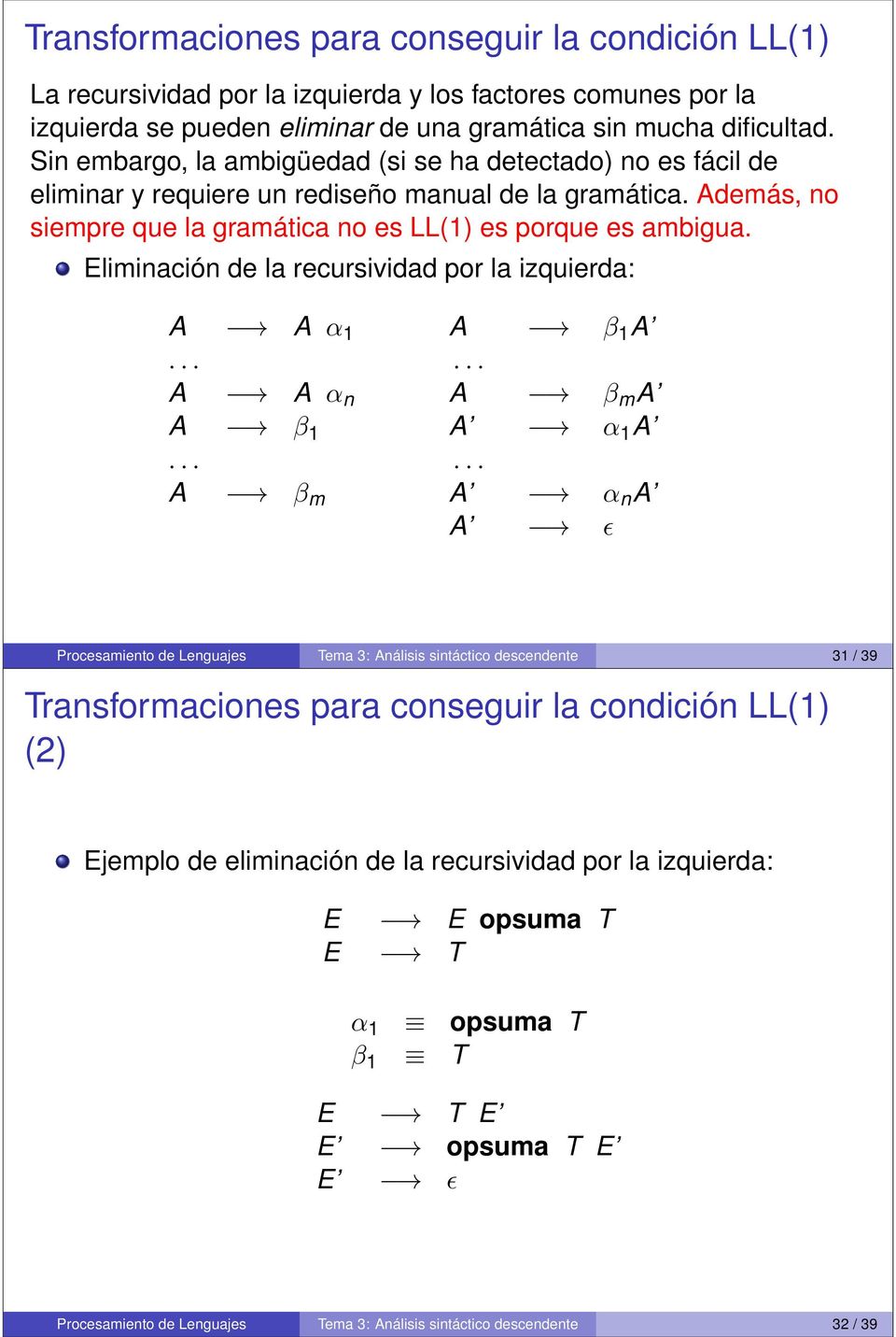 Eliminación de la recursividad por la izquierda: A A α 1 A β 1 A...... A A α n A β m A A β 1 A α 1 A.