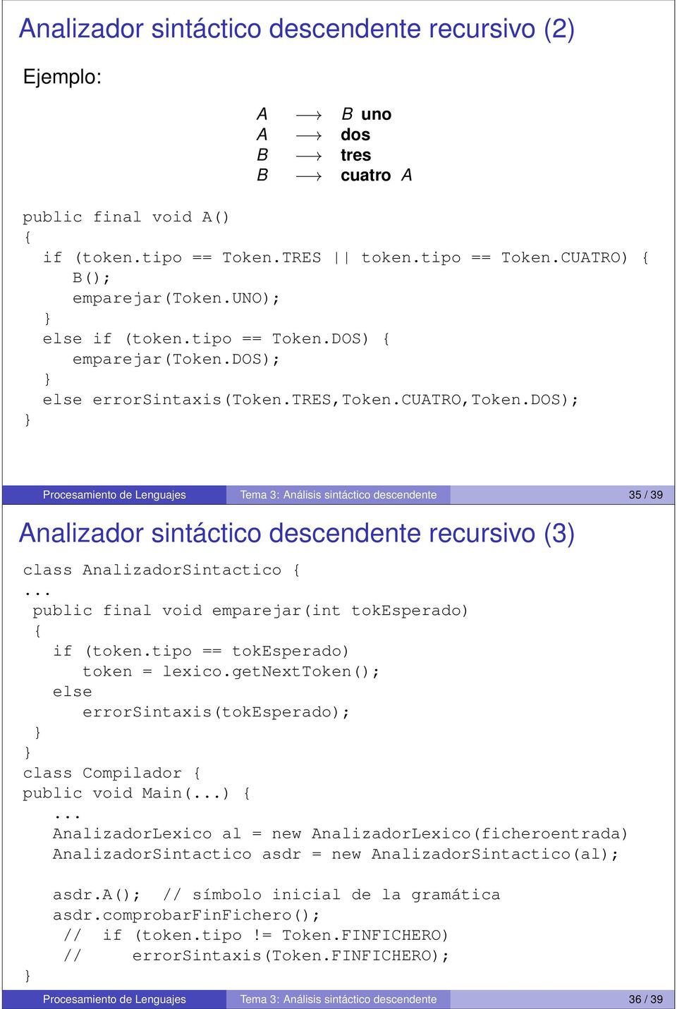 dos); } Procesamiento de Lenguajes Tema 3: Análisis sintáctico descendente 35 / 39 Analizador sintáctico descendente recursivo (3) class AnalizadorSintactico {.