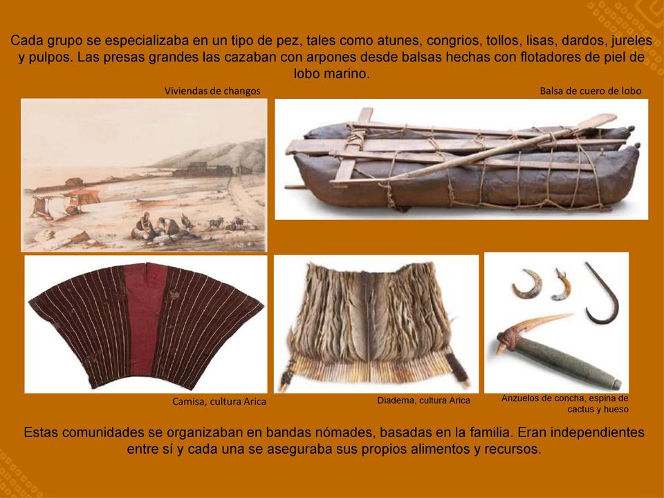 Viviendas de changos Balsa de cuero de lobo Camisa, cultura Arica Diadema, cultura Arica Anzuelos de concha, espina de cactus y