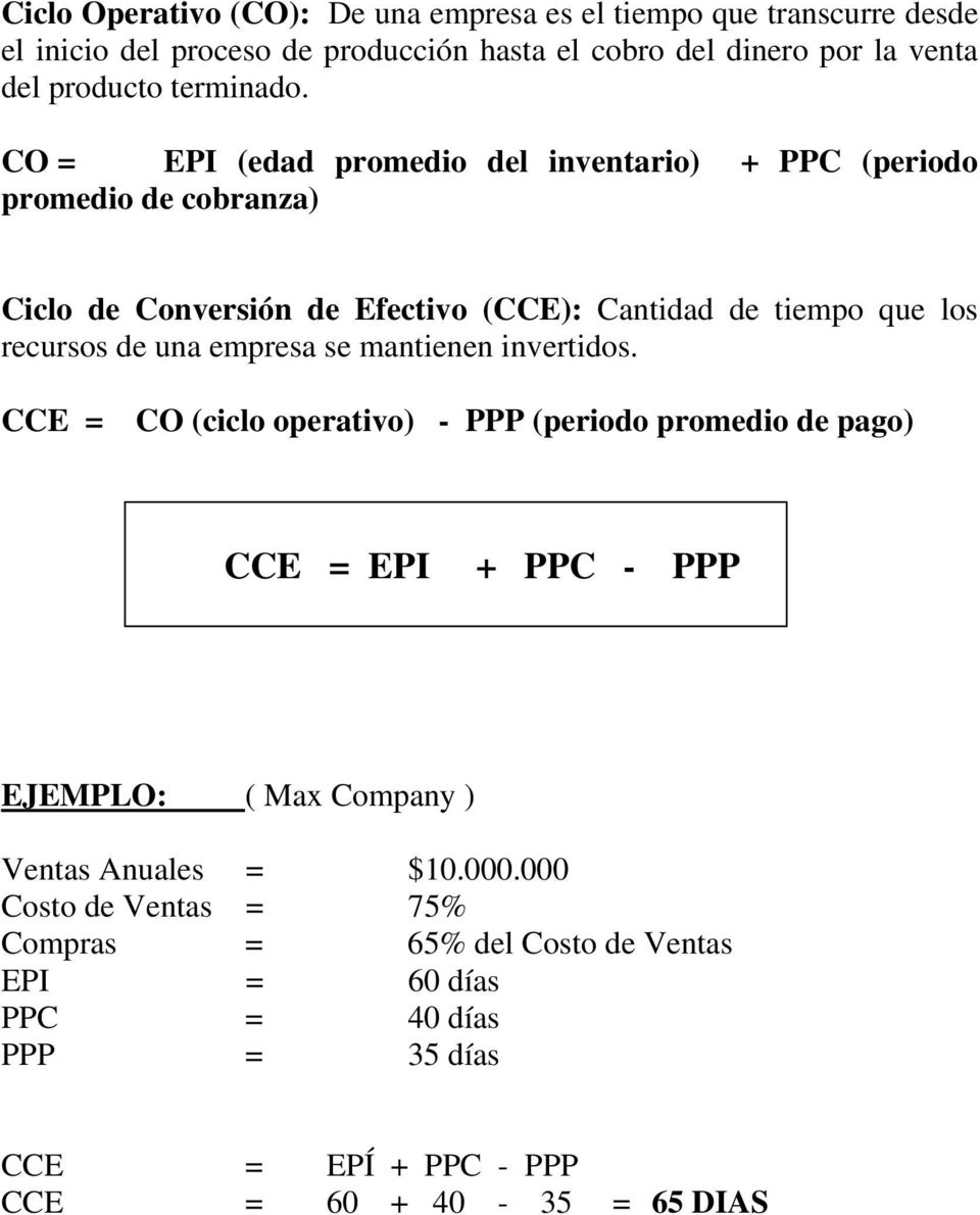 CO = EPI (edad promedio del inventario) + PPC (periodo promedio de cobranza) Ciclo de Conversión de Efectivo (CCE): Cantidad de tiempo que los recursos de una