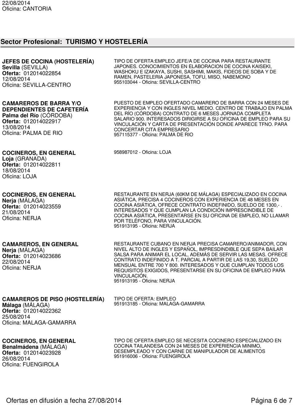 CAMAREROS DE BARRA Y/O DEPENDIENTES DE CAFETERÍA Palma del Río (CÓRDOBA) Oferta: 012014022917 13/08/2014 Oficina: PALMA DE RIO PUESTO DE EMPLEO OFERTADO CAMARERO DE BARRA CON 24 MESES DE EXPERIENCIA