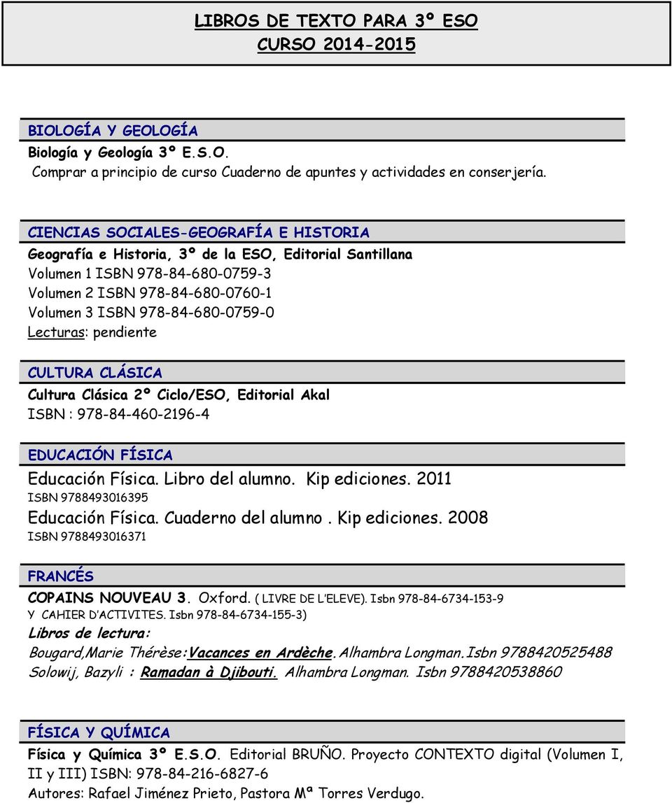 Lecturas: pendiente CULTURA CLÁSICA Cultura Clásica 2º Ciclo/ESO, Editorial Akal ISBN : 978-84-460-2196-4 EDUCACIÓN FÍSICA Educación Física. Libro del alumno. Kip ediciones.